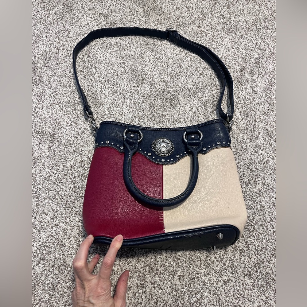 Montana West Patriotic Western Satchel Purse Red White Blue Studded Concho Bag - Picture 3 of 15